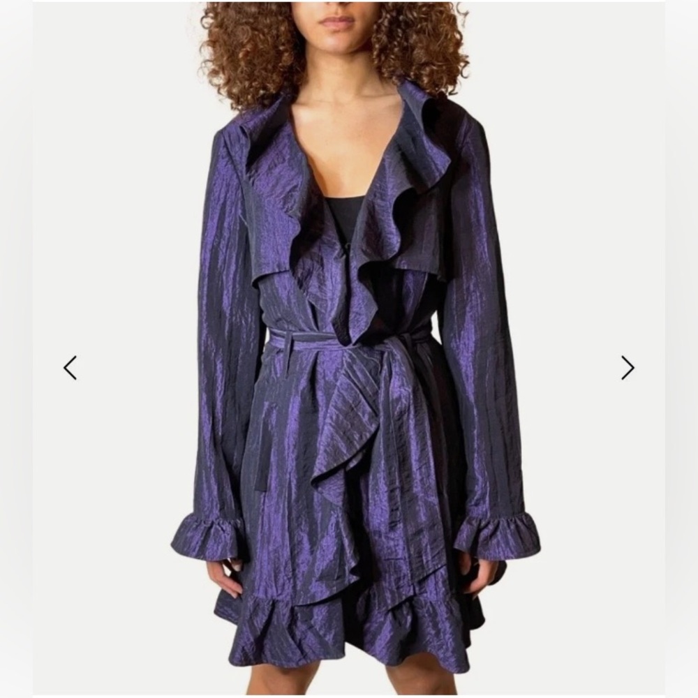 Vintage 90s Joseph Ribkoff Purple Crushed Satin Ruffle Trim Jacket Belted Sz 6